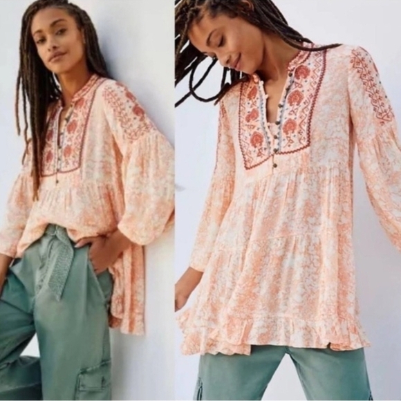 Anthropologie Tops - Anthropologie Claudia Embroidered Babydoll Tunic Peach Floral Blouse, Size Small